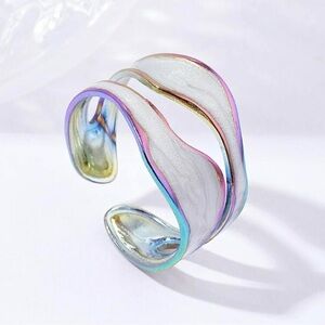 Iridescent Colorful White and Silver Wave Cuff Ring